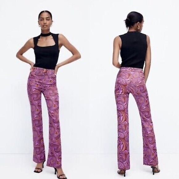 NWT Zara Purple Wavy Marble Printed Retro 60/70s High Waist Flare Pants - Small - Picture 1 of 10